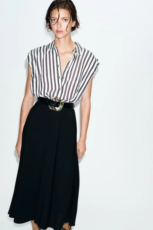 Комбинированное платье миди в полоску с ремнем- Заказать в России