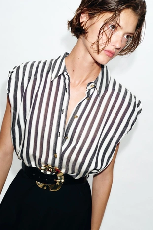 Комбинированное платье миди в полоску с ремнем- Заказать в России