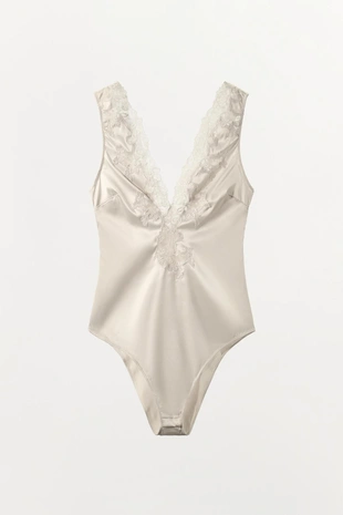 Атласное боди с кружевом- Заказать в России