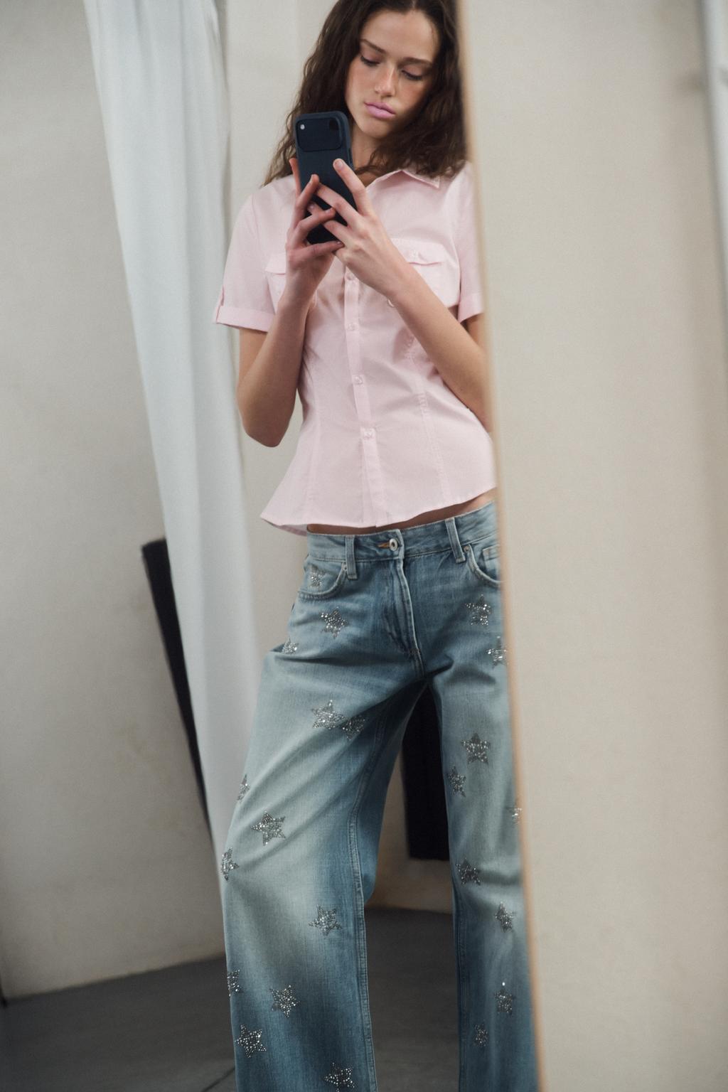 ДЖИНСЫ TRF WIDE-LEG С НИЗКОЙ ПОСАДКОЙ И СТРАЗАМИ