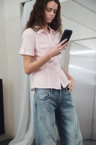 Джинсы TRF WIDE-LEG с низкой посадкой и стразами- Заказать в России