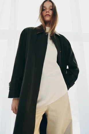 Тренч из коллекции ZW с контрастным воротником из искусственной кожи- Заказать в России