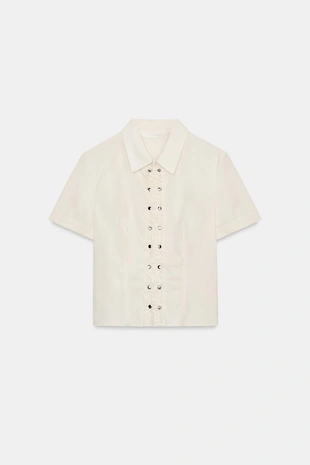 Рубашка из поплина с воланами и заклепками- Заказать в России