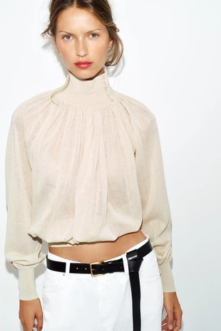 Блуза свободного кроя из комбинированного трикотажа- Заказать в России