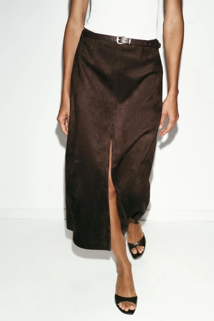 Юбка из искусственной замши с ремнем- Заказать в России