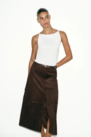 Юбка из искусственной замши с ремнем- Заказать в России