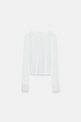 Полупрозрачный топ с кружевными манжетами- Заказать в России