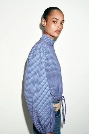 Рубашка в клетку с объемными рукавами- Заказать в России