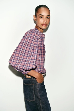 Блуза в клетку с круглым вырезом- Заказать в России