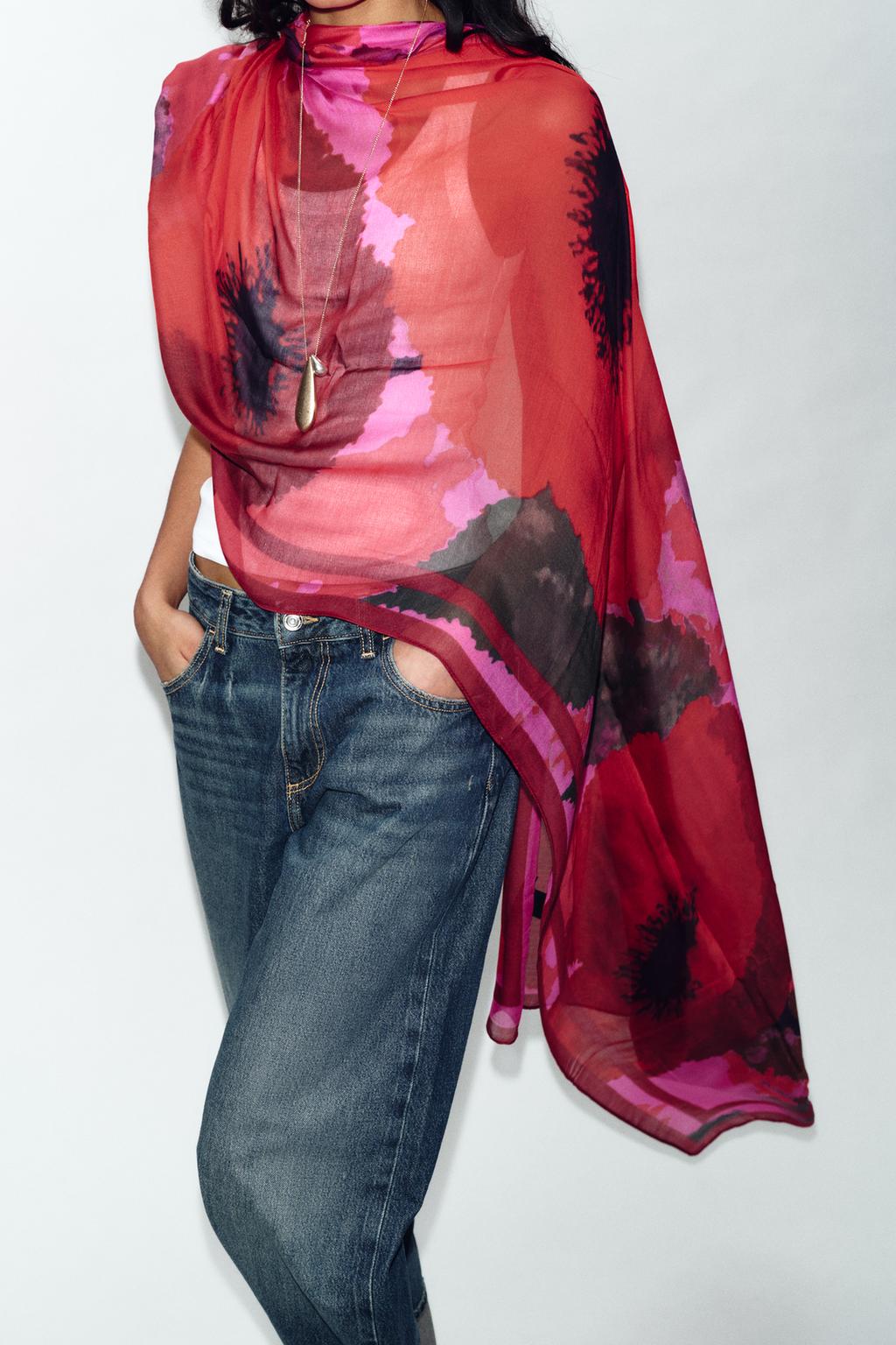 ШАРФ ИЗ МОДАЛА И ШЕЛКА С ЦВЕТОЧНЫМ ПРИНТОМ