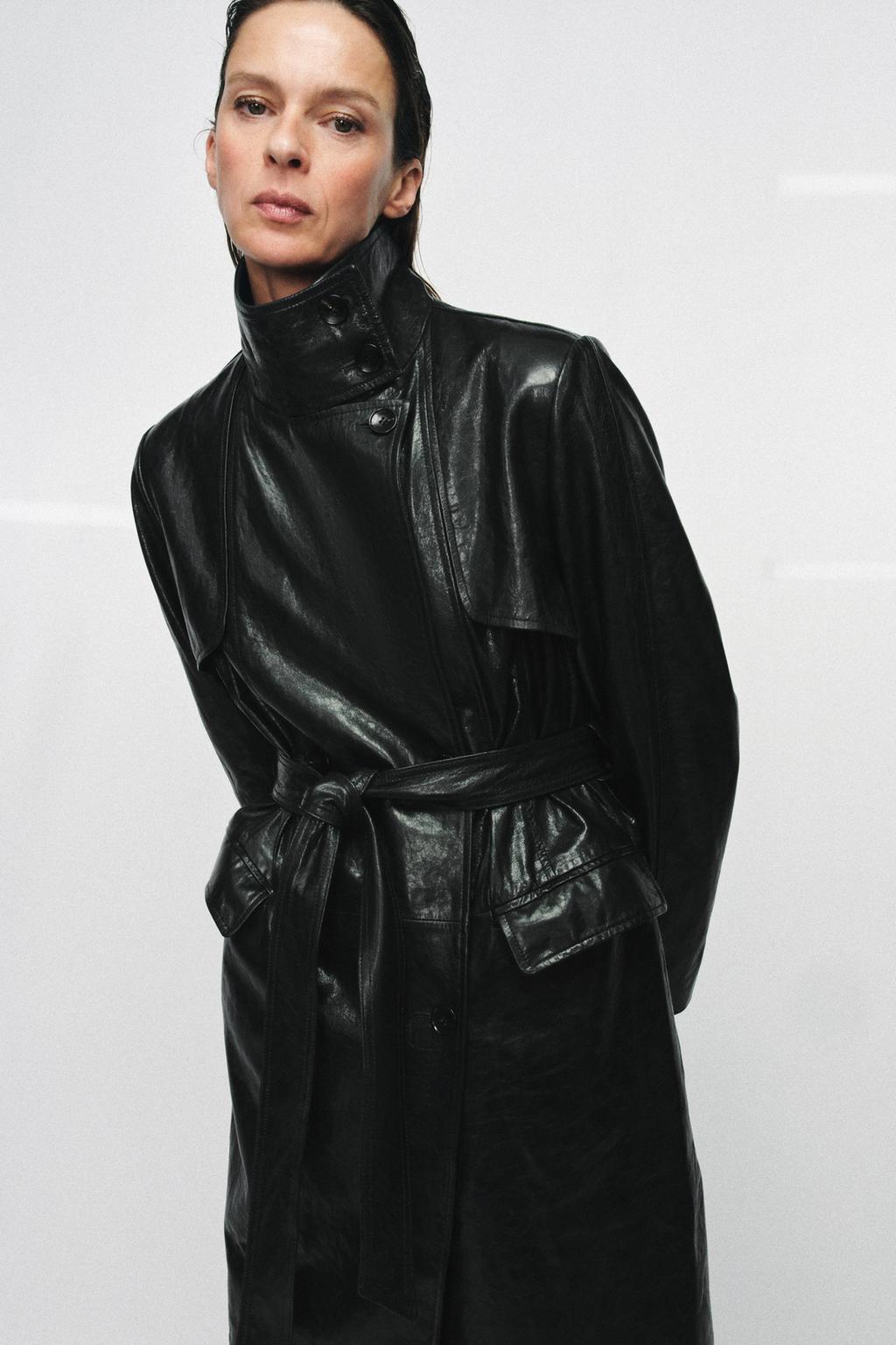 Эксклюзивное пальто-тренч из натуральной кожи с плечевыми накладками Zara «ZW» 