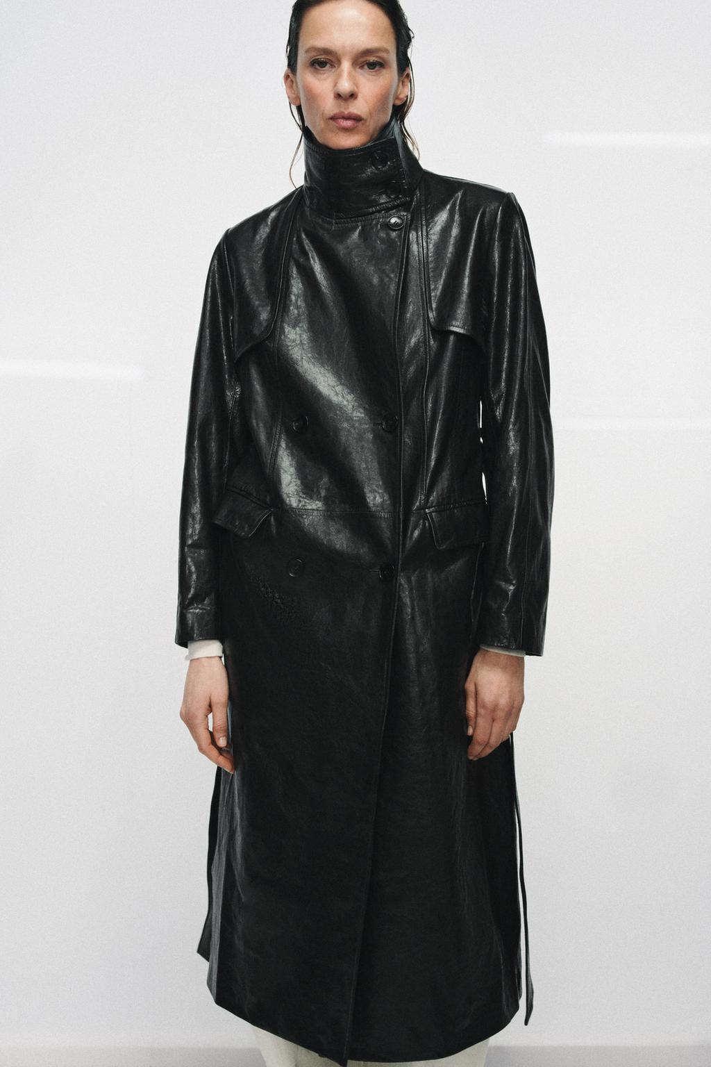 Эксклюзивное пальто-тренч из натуральной кожи с плечевыми накладками Zara «ZW» 