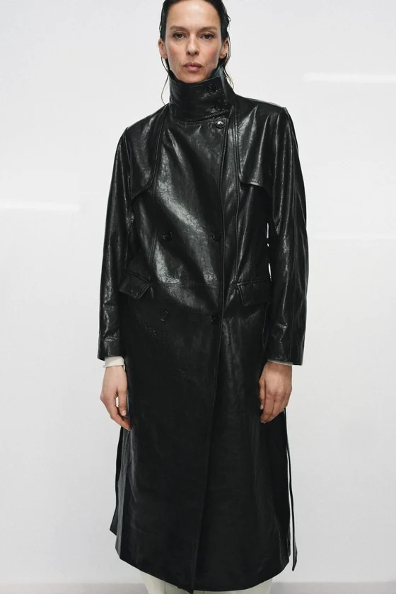 Эксклюзивное пальто-тренч из натуральной кожи с плечевыми накладками Zara «ZW» 