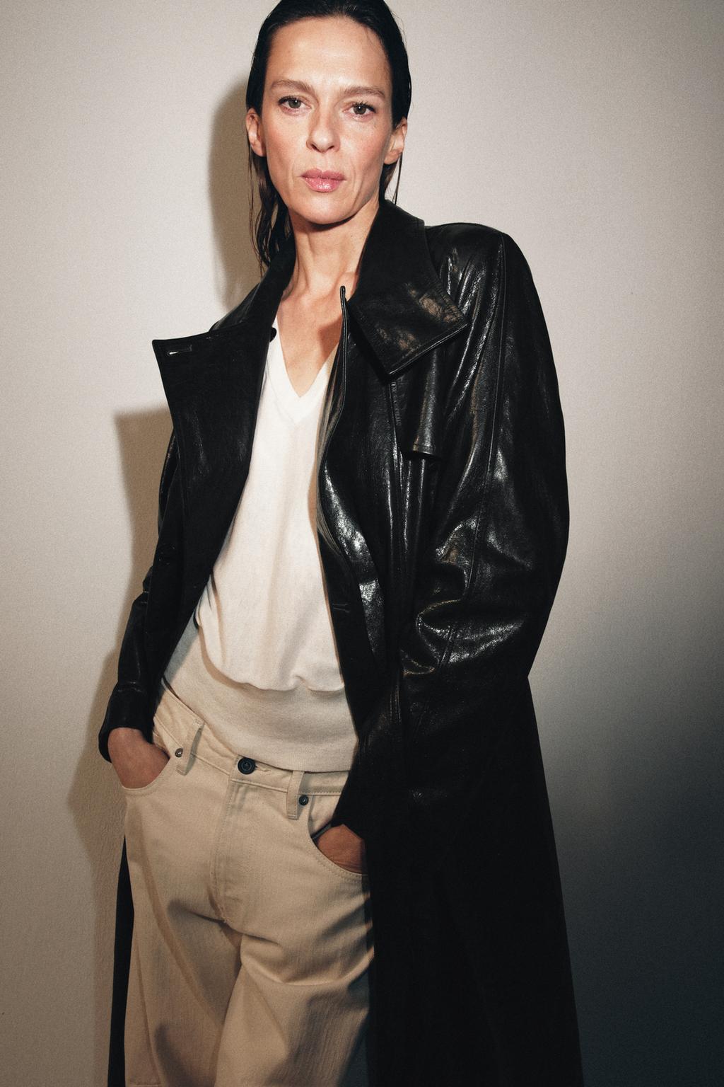 Эксклюзивное пальто-тренч из натуральной кожи с плечевыми накладками Zara «ZW» 