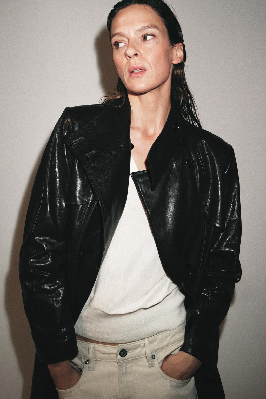 Эксклюзивное пальто-тренч из натуральной кожи с плечевыми накладками Zara «ZW» 