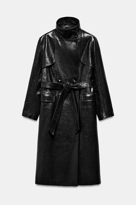 Эксклюзивное пальто-тренч из натуральной кожи с плечевыми накладками Zara «ZW» 