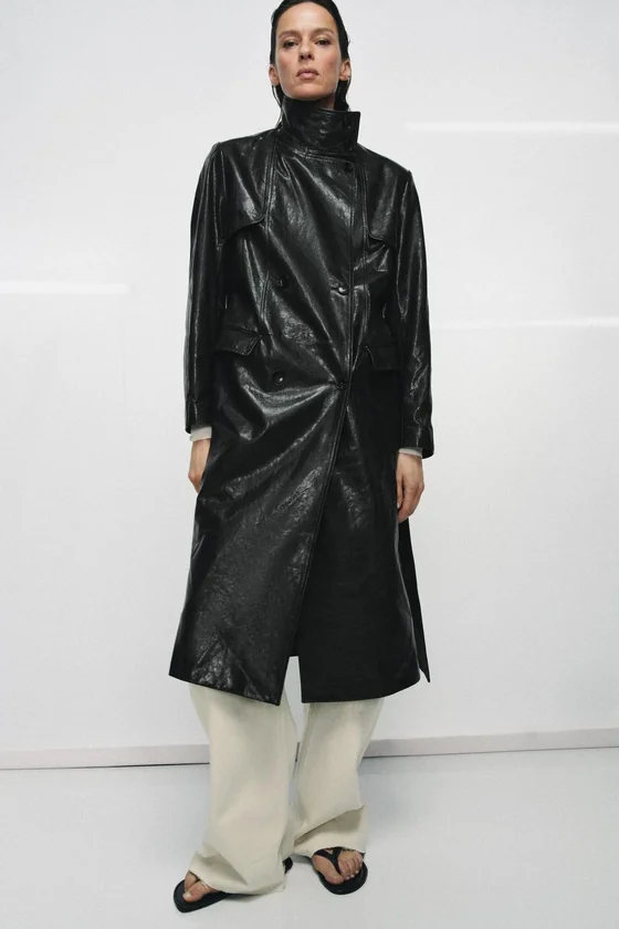 Эксклюзивное пальто-тренч из натуральной кожи с плечевыми накладками Zara «ZW» 