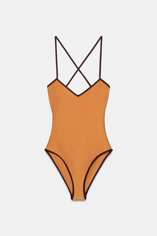 Атласный купальник с контрастными деталями- Заказать в России