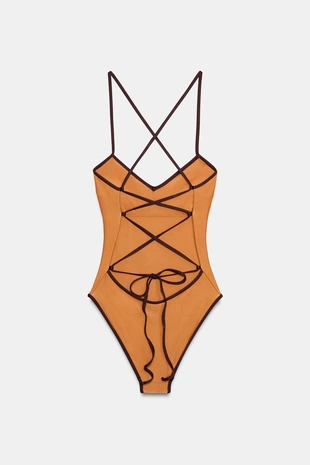 Атласный купальник с контрастными деталями- Заказать в России