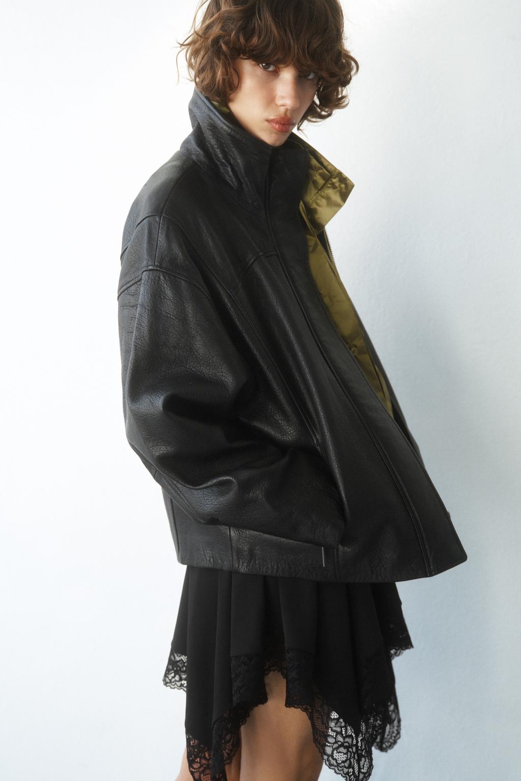 Zara Куртка оверсайз из 100% кожи - Цвет черный - black | 3461/721