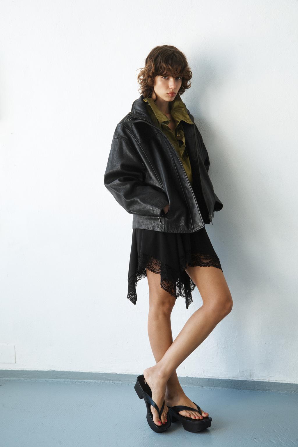 Zara Куртка оверсайз из 100% кожи - Цвет черный - black | 3461/721
