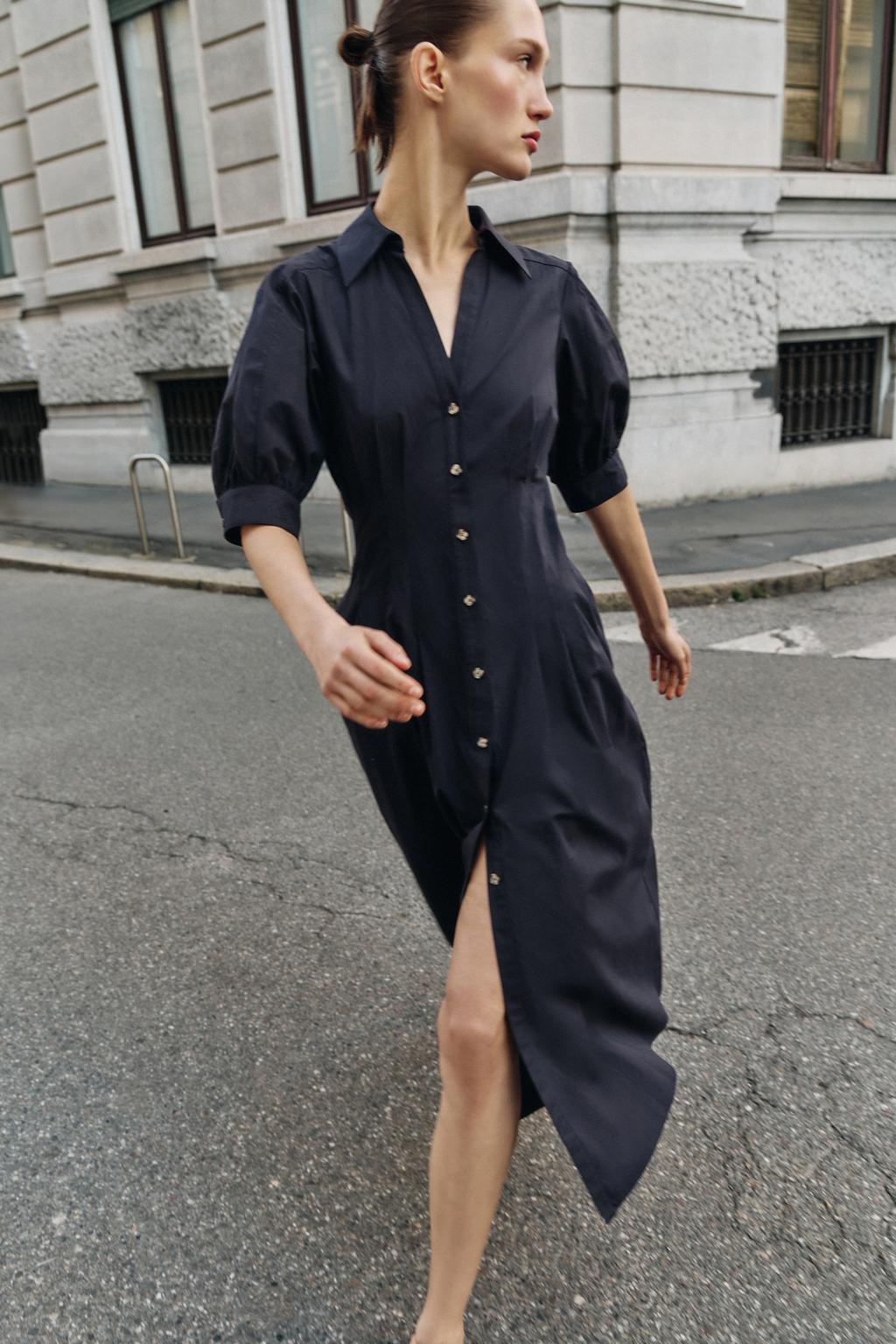 ПЛАТЬЕ МИДИ ИЗ ПОПЛИНА С ОБЪЕМНЫМИ РУКАВАМИ