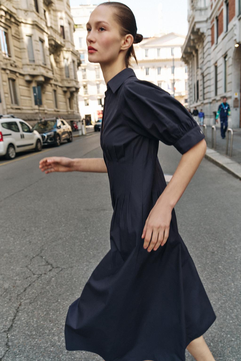 ПЛАТЬЕ МИДИ ИЗ ПОПЛИНА С ОБЪЕМНЫМИ РУКАВАМИ