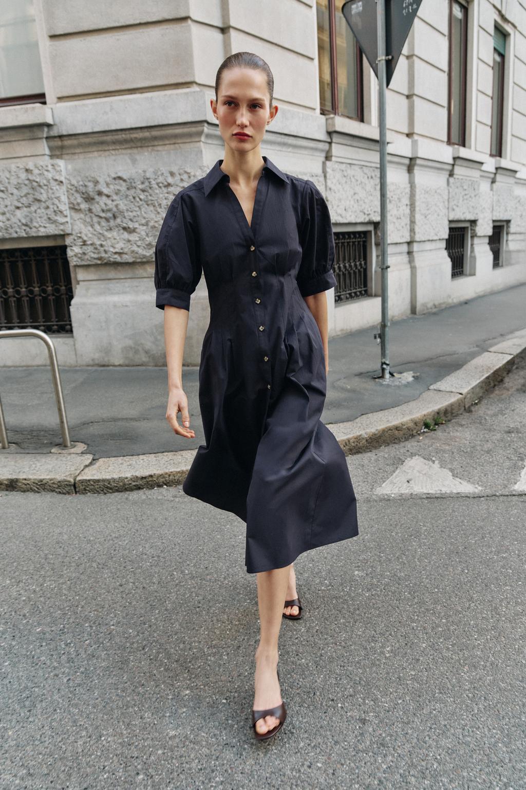 ПЛАТЬЕ МИДИ ИЗ ПОПЛИНА С ОБЪЕМНЫМИ РУКАВАМИ