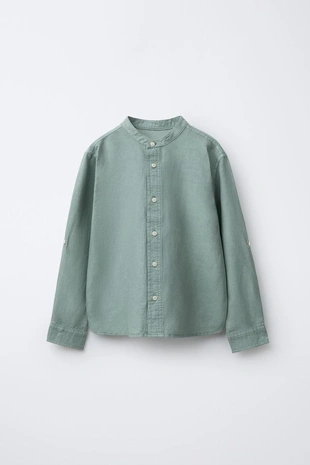 Рубашка с воротником-стойкой из льна и хлопка- Заказать в России