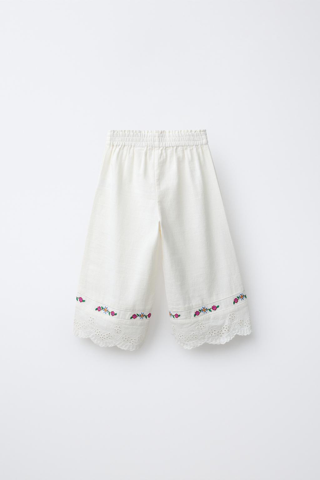 БРЮКИ-КЮЛОТЫ ИЗ ХЛОПКА И ЛЬНА С ВЫШИВКОЙ В ВИДЕ ЦВЕТОВ