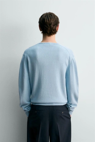 Light blue | 0693/413/406 - Zara Свитер с V-образным вырезом из хлопка и льна - лимитированная серия