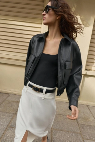 Бомбер из искусственной кожи с погонами- Заказать в России