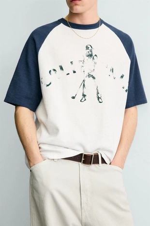 Трикотажная футболка колор-блок с принтом- Заказать в России