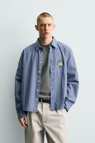 Укороченная рубашка в клетку с вышивкой- Заказать в России