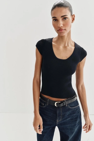 Трикотажный топ с комбинированными рукавами- Заказать в России