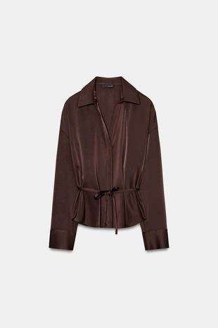 Атласная блузка с поясом- Заказать в России