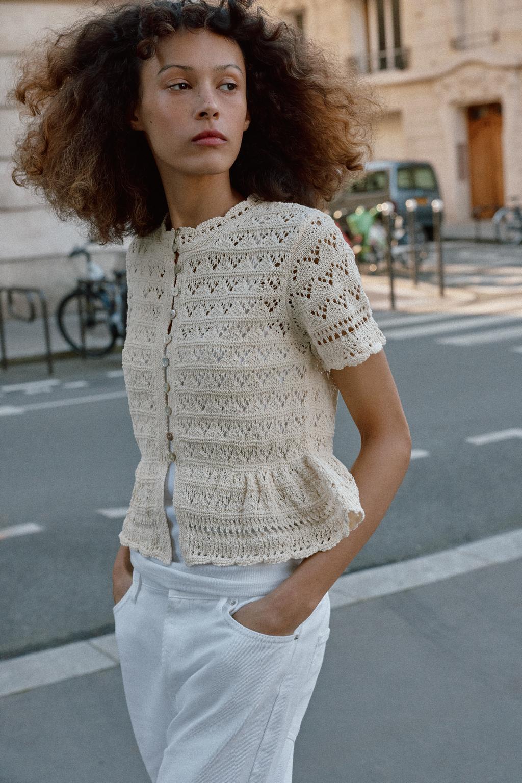 КАРДИГАН С КОРОТКИМИ РУКАВАМИ И АЖУРНОЙ ВЯЗКОЙ