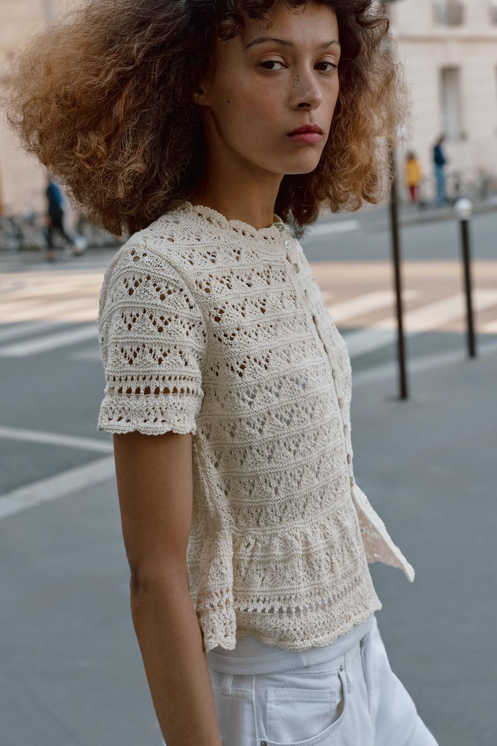 КАРДИГАН С КОРОТКИМИ РУКАВАМИ И АЖУРНОЙ ВЯЗКОЙ