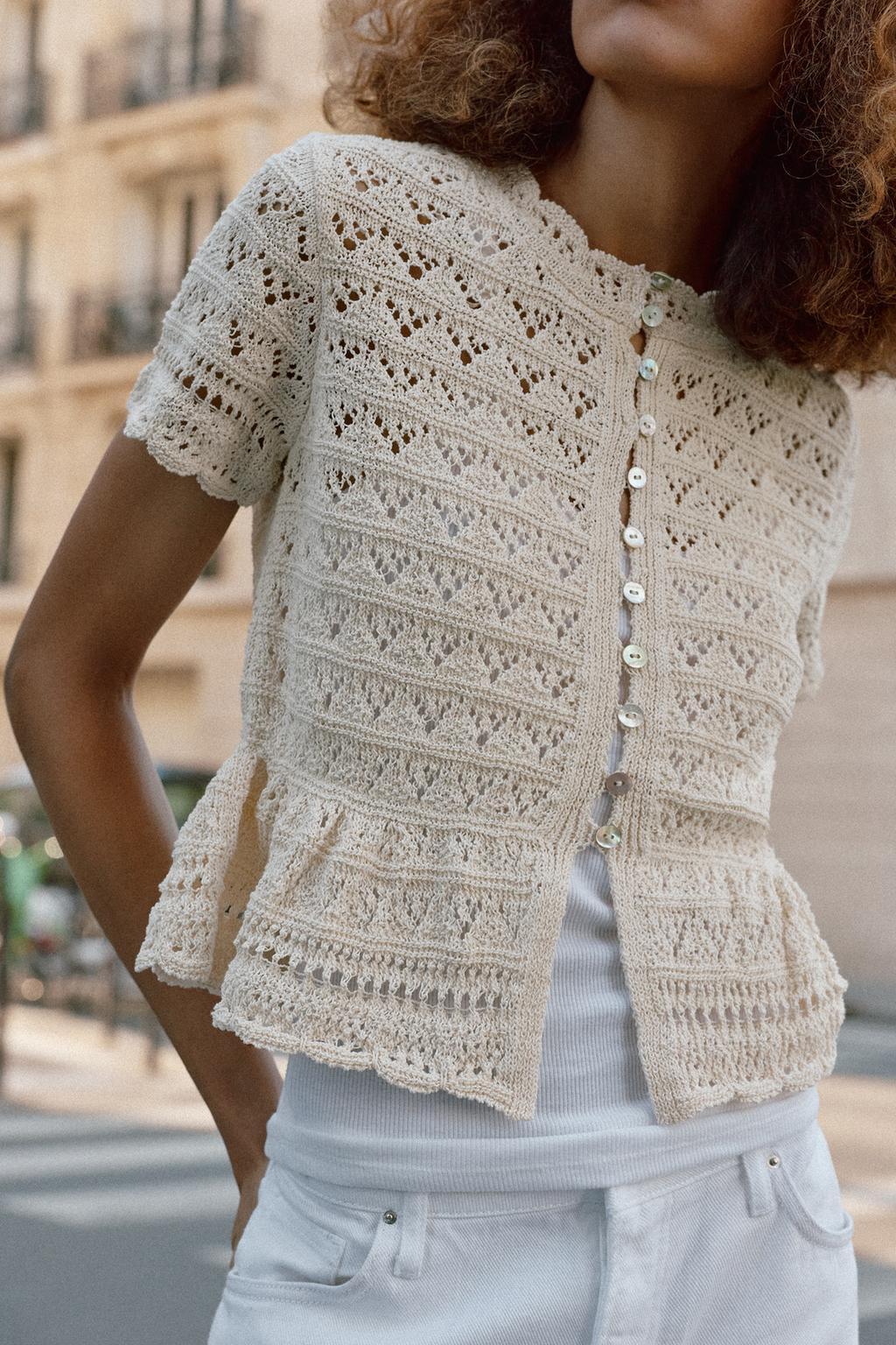 КАРДИГАН С КОРОТКИМИ РУКАВАМИ И АЖУРНОЙ ВЯЗКОЙ
