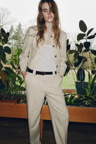 Light beige | 2436/761/052 - Zara Брюки прямого кроя из ткани в стиле рустик