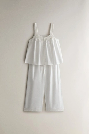 Топ из хлопка с бретельками и кружевными деталями- Заказать в России