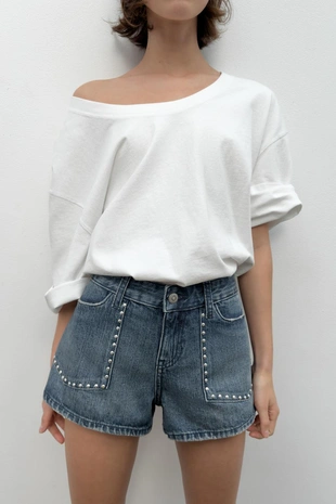 Джинсовые шорты Trf с заклепками- Заказать в России