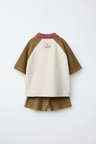 Комплект из поло и шортов-бермуд из махровой ткани в стиле колор-блок- Заказать в России