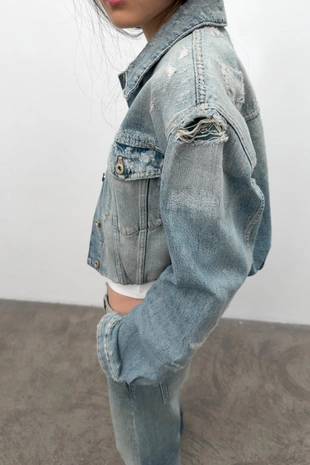 Укороченная джинсовая куртка Trf с разрывами- Заказать в России