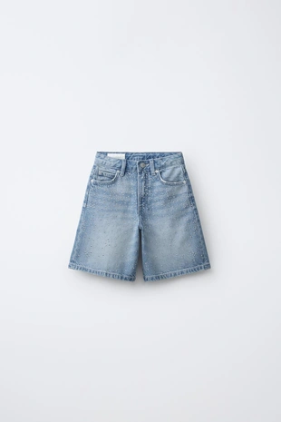 Длинные джинсовые шорты со стразами- Заказать в России