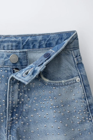 Длинные джинсовые шорты со стразами- Заказать в России