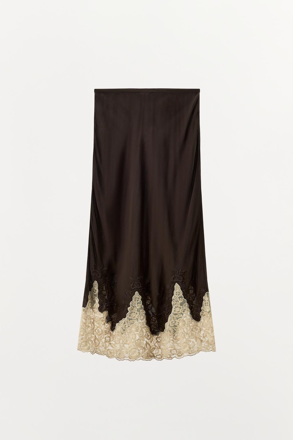 ЮБКА МИДИ ИЗ 100% ВИСКОЗЫ С ВЫШИВКОЙ И КРУЖЕВОМ