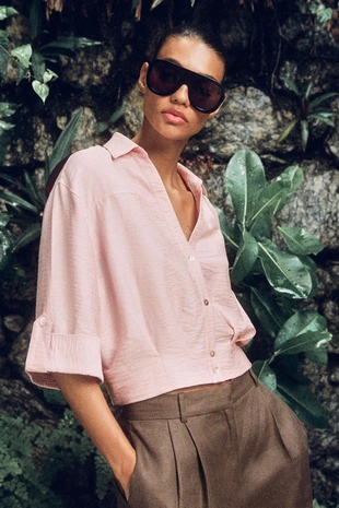 Укороченная рубашка из смесового льна- Заказать в России