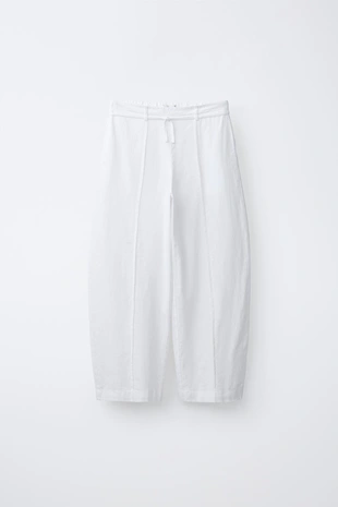 Брюки прямого кроя из смесового льна со шнурком- Заказать в России