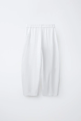 Брюки прямого кроя из смесового льна со шнурком- Заказать в России